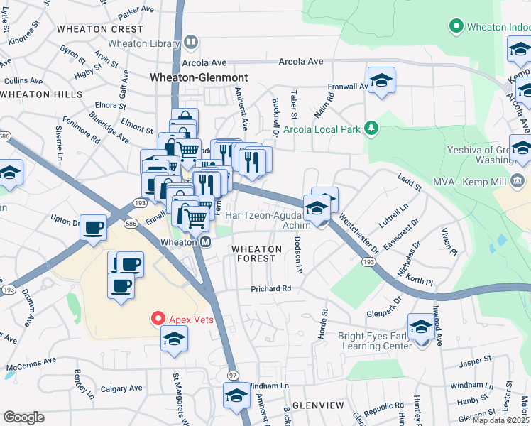 map of restaurants, bars, coffee shops, grocery stores, and more near 11334 King George Drive in Wheaton-Glenmont