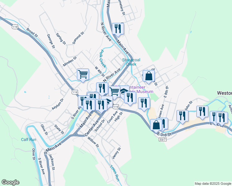 map of restaurants, bars, coffee shops, grocery stores, and more near 345 Center Avenue in Weston