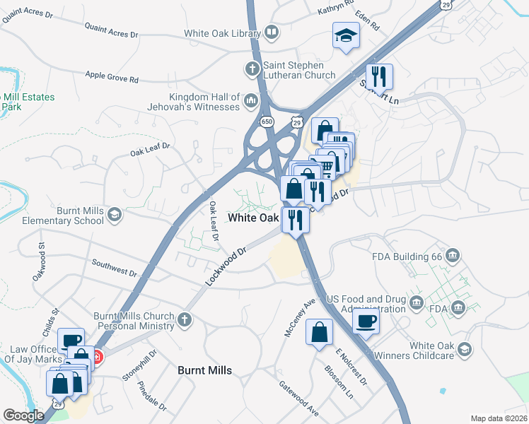 map of restaurants, bars, coffee shops, grocery stores, and more near 11200 Lockwood Drive in Silver Spring