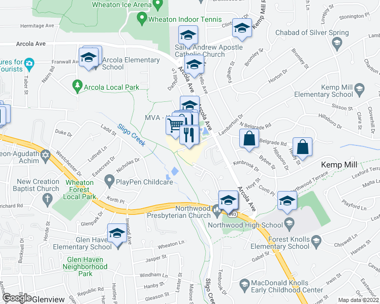 map of restaurants, bars, coffee shops, grocery stores, and more near 1372 Lamberton Drive in Silver Spring