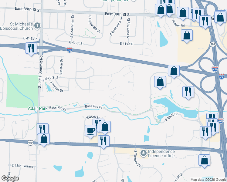 map of restaurants, bars, coffee shops, grocery stores, and more near 17206 East 44th Street Court South in Independence