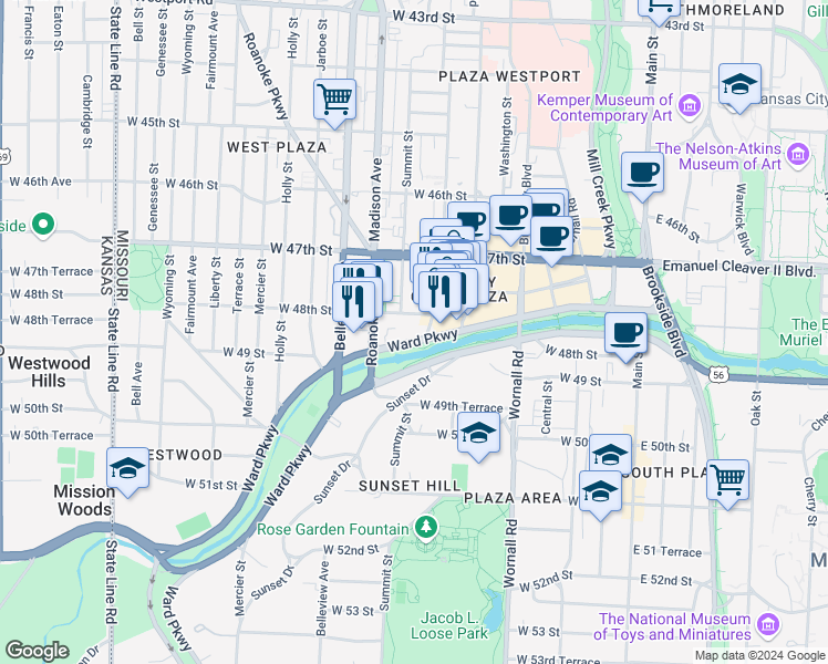 map of restaurants, bars, coffee shops, grocery stores, and more near 803 West 48th Street in Kansas City