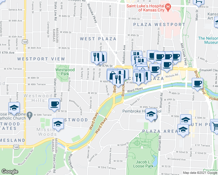 map of restaurants, bars, coffee shops, grocery stores, and more near 4804 Belleview Avenue in Kansas City
