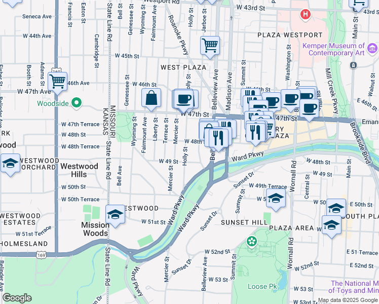 map of restaurants, bars, coffee shops, grocery stores, and more near 4805 Holly Street in Kansas City