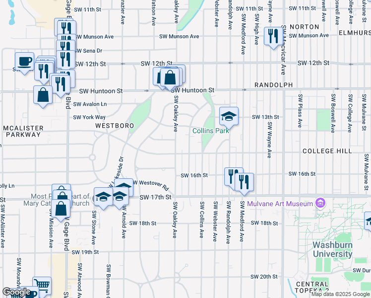 map of restaurants, bars, coffee shops, grocery stores, and more near 1440 Southwest Oakley Avenue in Topeka