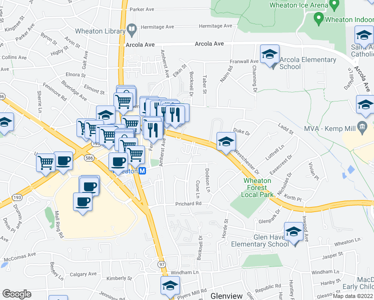 map of restaurants, bars, coffee shops, grocery stores, and more near 11348 King George Drive in Silver Spring