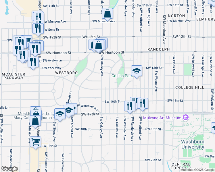 map of restaurants, bars, coffee shops, grocery stores, and more near 1440 Southwest Oakley Avenue in Topeka