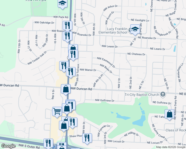 map of restaurants, bars, coffee shops, grocery stores, and more near 424 Northwest Manor Drive in Blue Springs