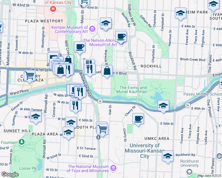 map of restaurants, bars, coffee shops, grocery stores, and more near 4800 Oak Street in Kansas City