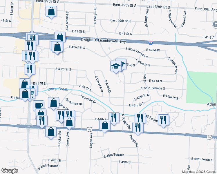 map of restaurants, bars, coffee shops, grocery stores, and more near 4338 South Avon Drive in Independence