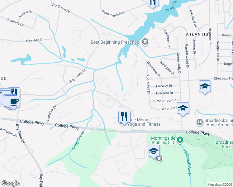 map of restaurants, bars, coffee shops, grocery stores, and more near 578 Quaker Ridge Court in Arnold