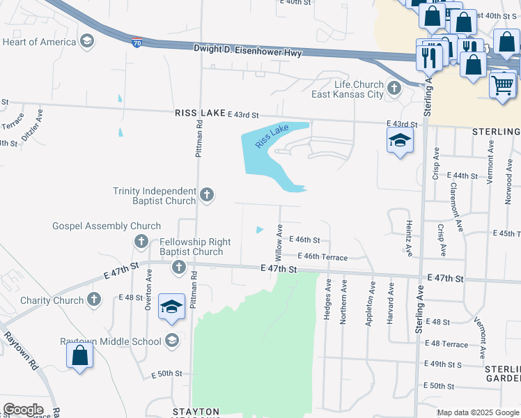map of restaurants, bars, coffee shops, grocery stores, and more near 10315 East 45th Terrace in Kansas City