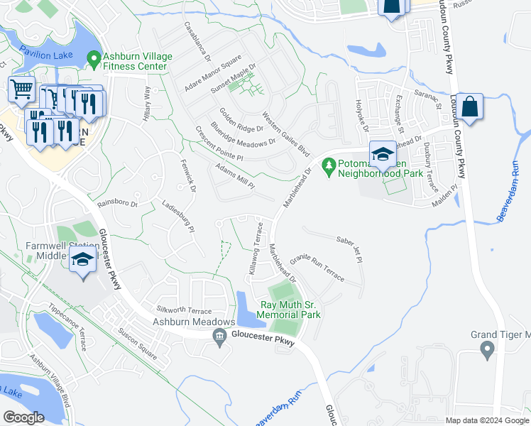 map of restaurants, bars, coffee shops, grocery stores, and more near 44476 Livonia Terrace in Ashburn