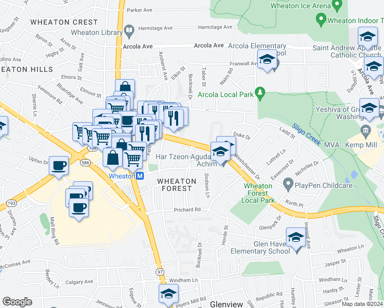 map of restaurants, bars, coffee shops, grocery stores, and more near 11357 King George Drive in Wheaton-Glenmont