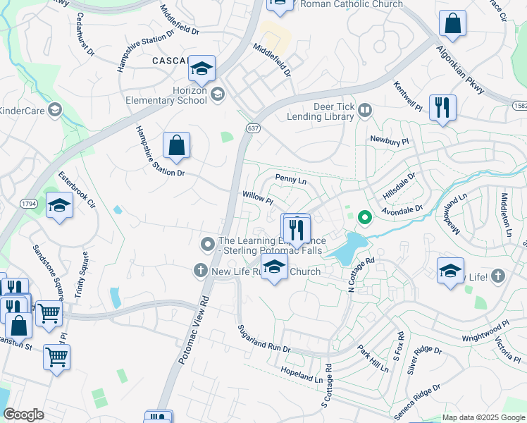map of restaurants, bars, coffee shops, grocery stores, and more near 103 Hayloft Circle in Sterling