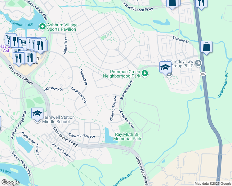 map of restaurants, bars, coffee shops, grocery stores, and more near 44474 Livonia Terrace in Ashburn