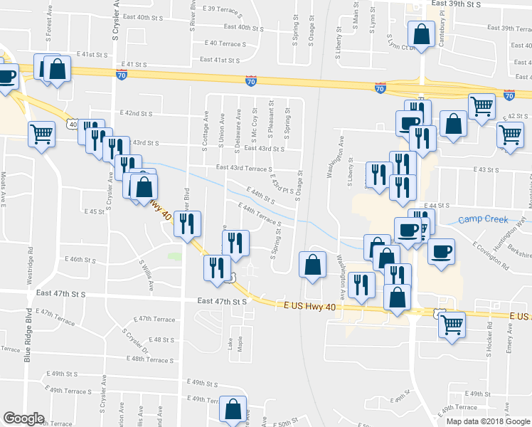 map of restaurants, bars, coffee shops, grocery stores, and more near 13132 East 44th Terrace South in Independence
