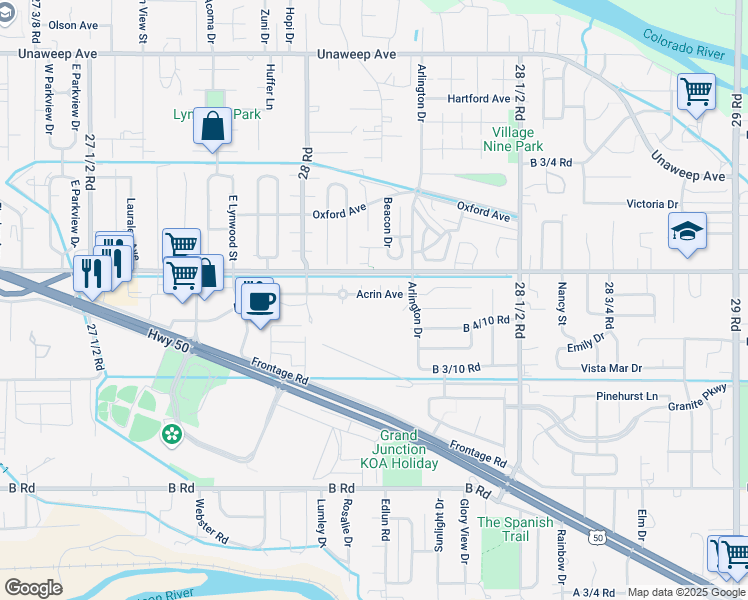 map of restaurants, bars, coffee shops, grocery stores, and more near 246 Ophir Court in Grand Junction