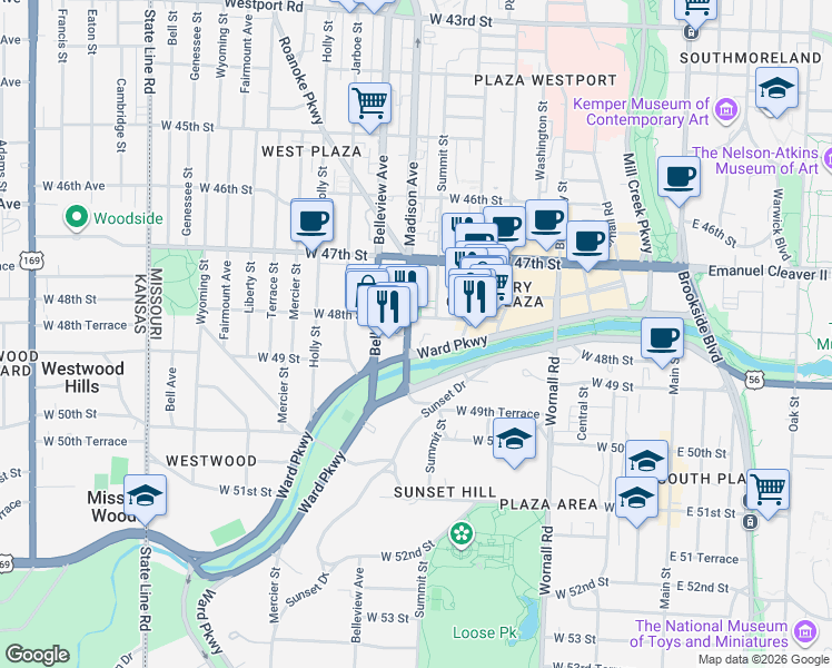 map of restaurants, bars, coffee shops, grocery stores, and more near 4809 Roanoke Parkway in Kansas City