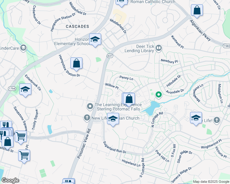 map of restaurants, bars, coffee shops, grocery stores, and more near 103 Hayloft Circle in Sterling