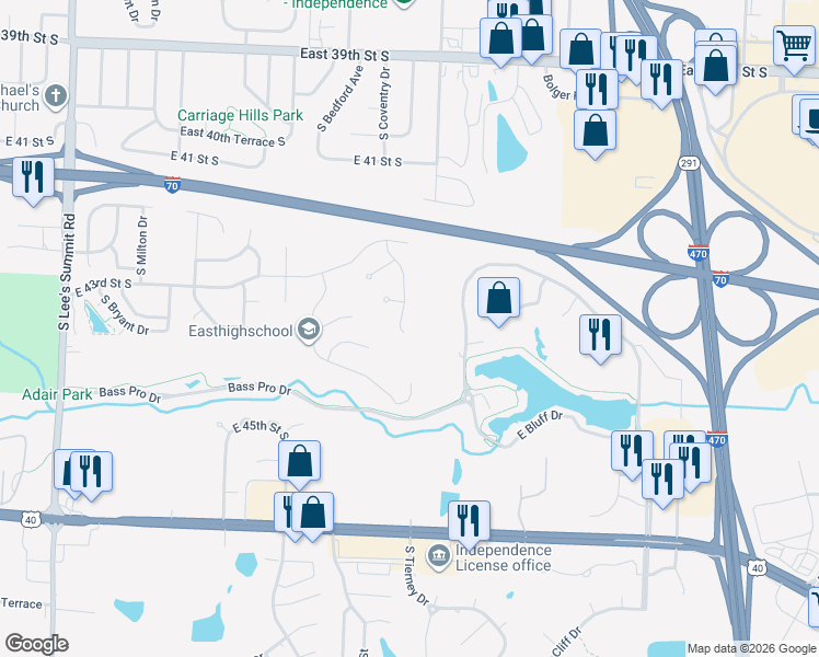 map of restaurants, bars, coffee shops, grocery stores, and more near 4405 South Atherton Court in Independence