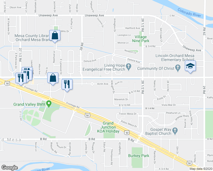map of restaurants, bars, coffee shops, grocery stores, and more near 2821 Acrin Avenue in Grand Junction