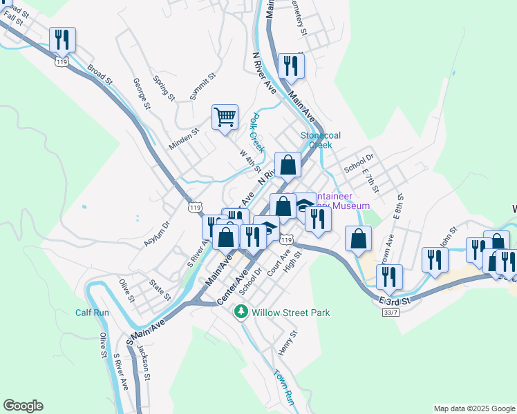 map of restaurants, bars, coffee shops, grocery stores, and more near Water Ave in Weston
