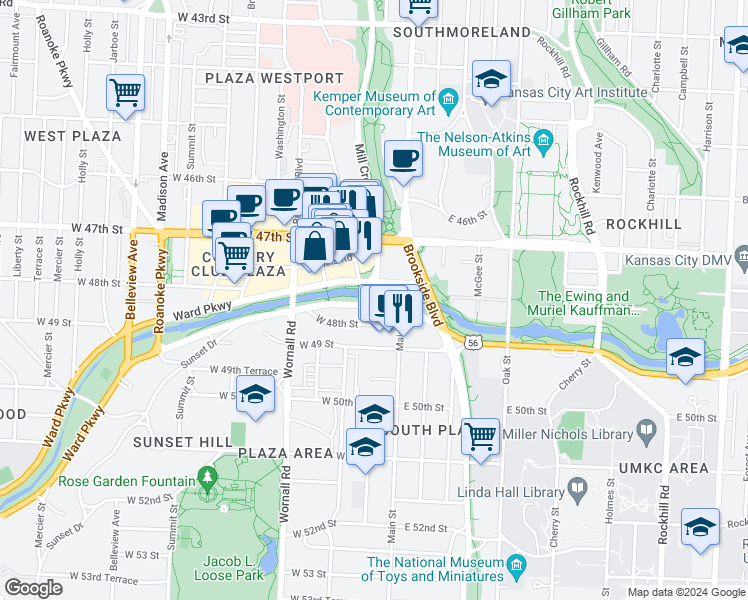 map of restaurants, bars, coffee shops, grocery stores, and more near 200 Ward Parkway in Kansas City
