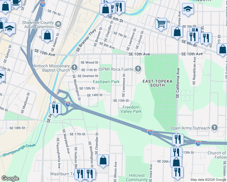 map of restaurants, bars, coffee shops, grocery stores, and more near 1204-1216 Southeast Lime Street in Topeka