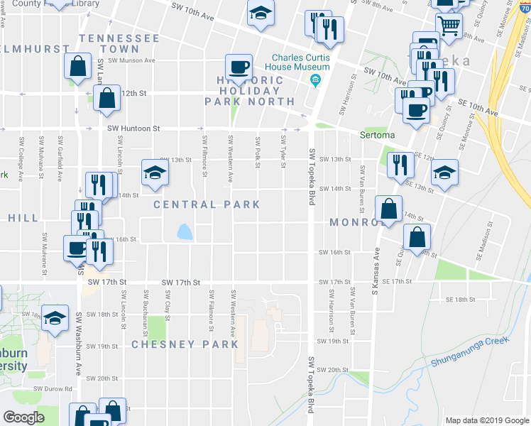 map of restaurants, bars, coffee shops, grocery stores, and more near 1421 Southwest Tyler Street in Topeka