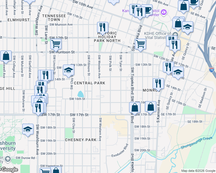 map of restaurants, bars, coffee shops, grocery stores, and more near 1421 Southwest Polk Street in Topeka