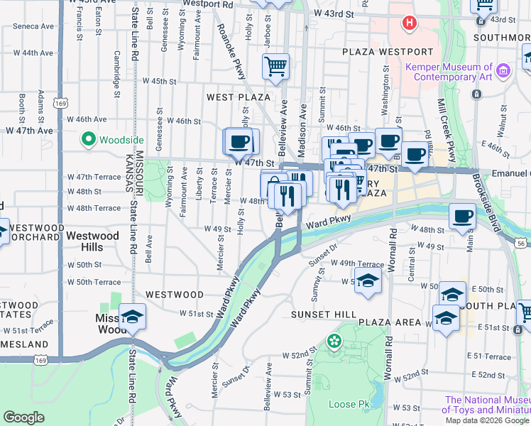 map of restaurants, bars, coffee shops, grocery stores, and more near 4804 Belleview Avenue in Kansas City