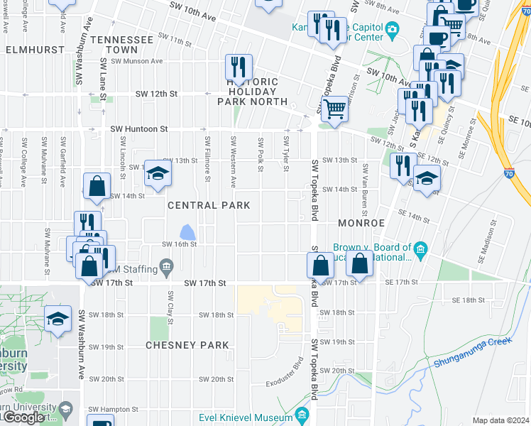 map of restaurants, bars, coffee shops, grocery stores, and more near 1430 Southwest Polk Street in Topeka