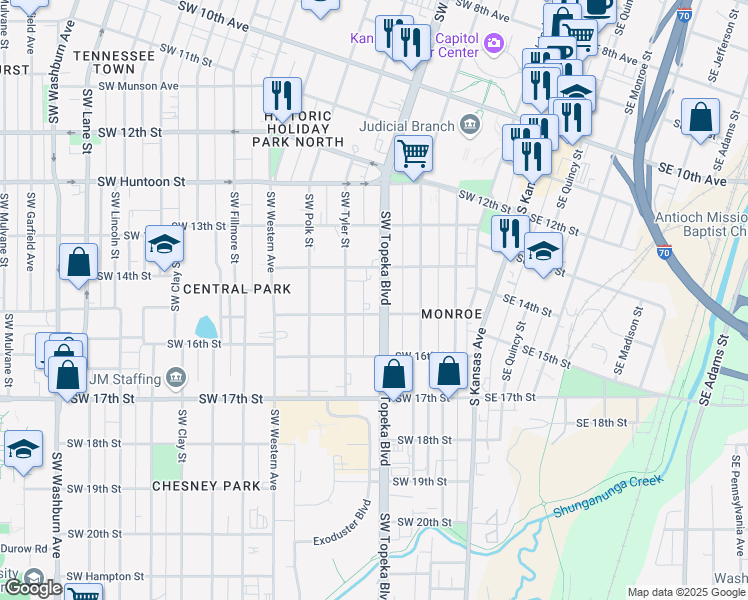 map of restaurants, bars, coffee shops, grocery stores, and more near 1429 Southwest Topeka Boulevard in Topeka