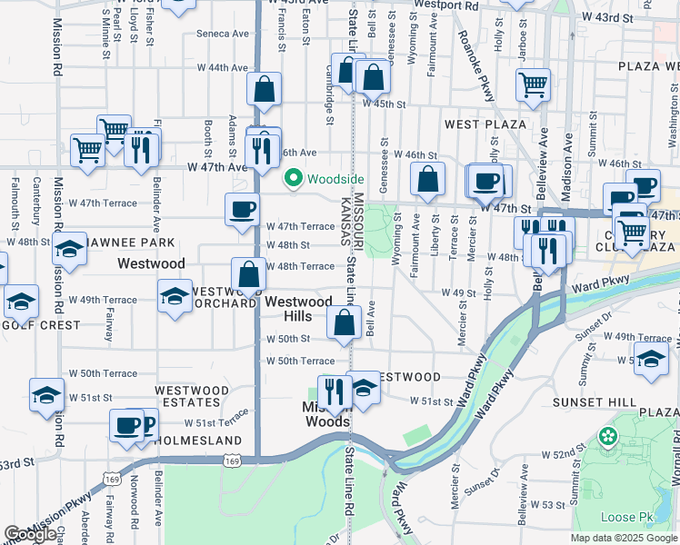 map of restaurants, bars, coffee shops, grocery stores, and more near 1909 West 48th Terrace in Westwood Hills
