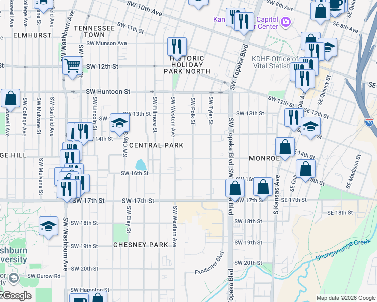 map of restaurants, bars, coffee shops, grocery stores, and more near 1421 Southwest Polk Street in Topeka