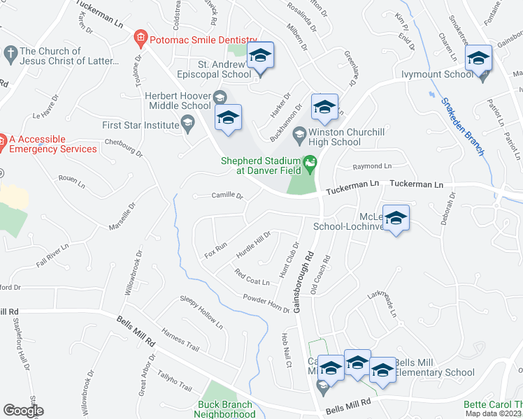 map of restaurants, bars, coffee shops, grocery stores, and more near 8513 Fox Run in Rockville