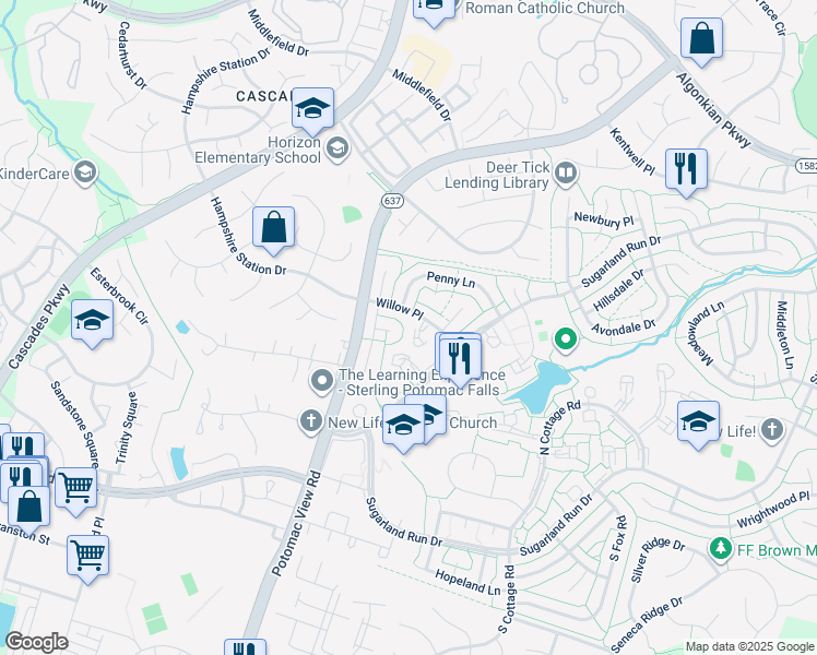 map of restaurants, bars, coffee shops, grocery stores, and more near 101 Hayloft Circle in Sterling