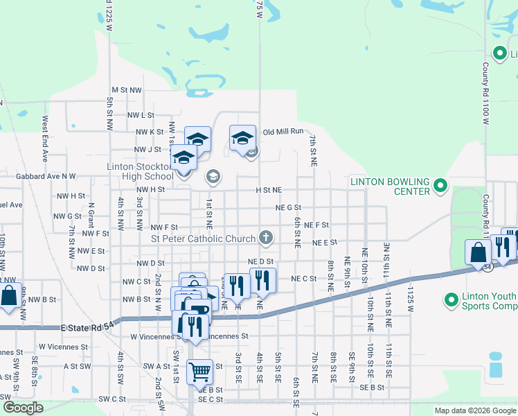 map of restaurants, bars, coffee shops, grocery stores, and more near 900 Northeast 4th Street in Linton