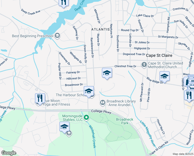 map of restaurants, bars, coffee shops, grocery stores, and more near 1231 Ramblewood Drive in Annapolis