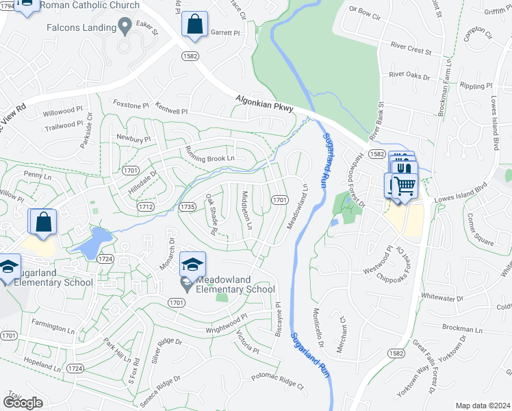 map of restaurants, bars, coffee shops, grocery stores, and more near 9 Pheasant Run Court in Sterling