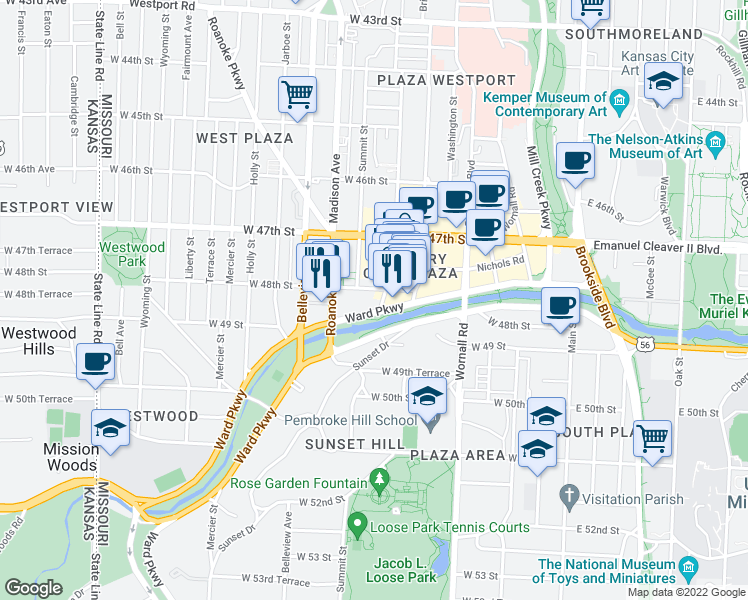 map of restaurants, bars, coffee shops, grocery stores, and more near 803 West 48th Street in Kansas City