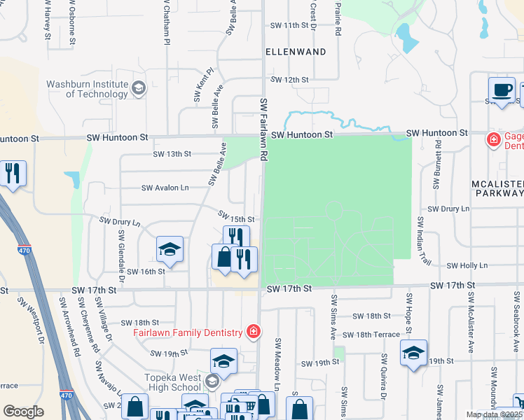 map of restaurants, bars, coffee shops, grocery stores, and more near Southwest Fairlawn Road in Topeka