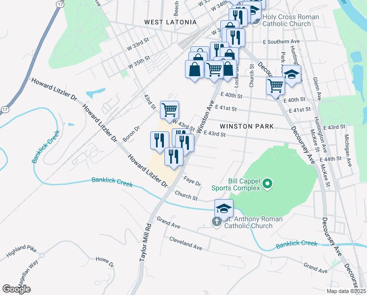 map of restaurants, bars, coffee shops, grocery stores, and more near 4303 Winston Avenue in Covington