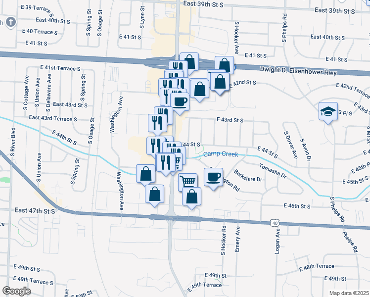 map of restaurants, bars, coffee shops, grocery stores, and more near 4402 South Canterbury Place in Independence