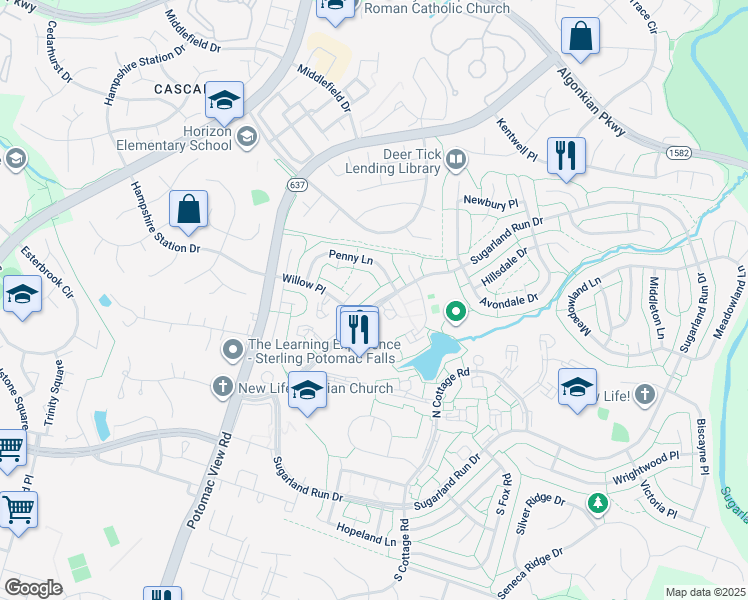 map of restaurants, bars, coffee shops, grocery stores, and more near 116 Sugarland Run Drive in Sterling