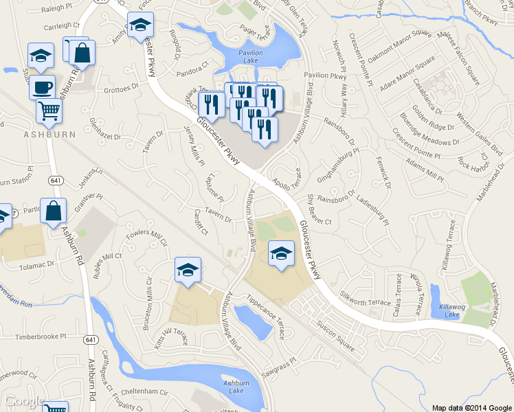 map of restaurants, bars, coffee shops, grocery stores, and more near 44129 Allderwood Terrace in Ashburn