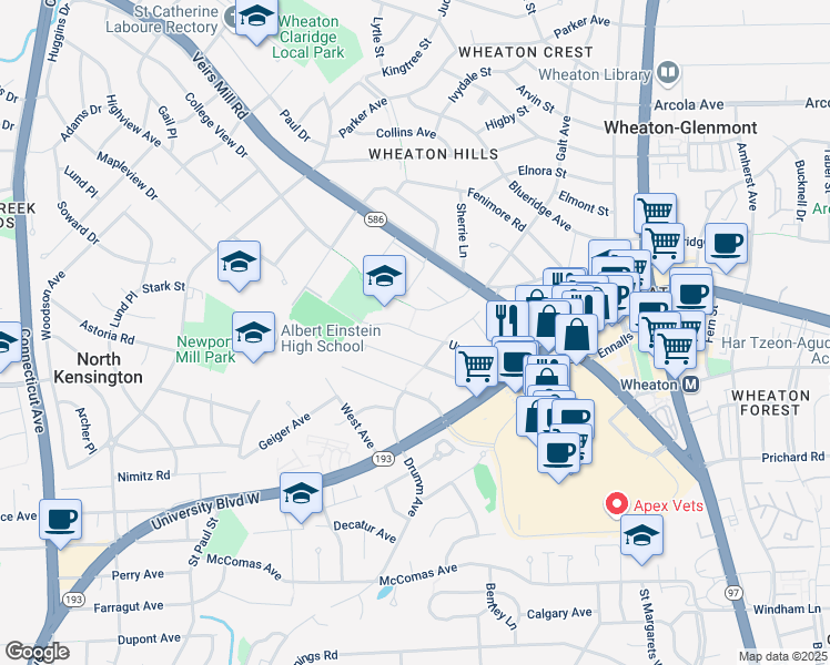 map of restaurants, bars, coffee shops, grocery stores, and more near 3015 Upton Drive in Kensington