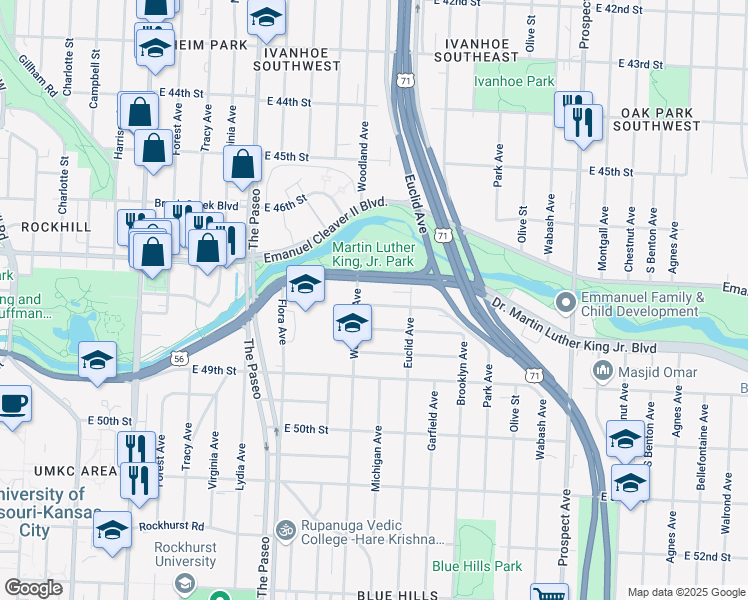 map of restaurants, bars, coffee shops, grocery stores, and more near 1812 East 47th Terrace in Kansas City