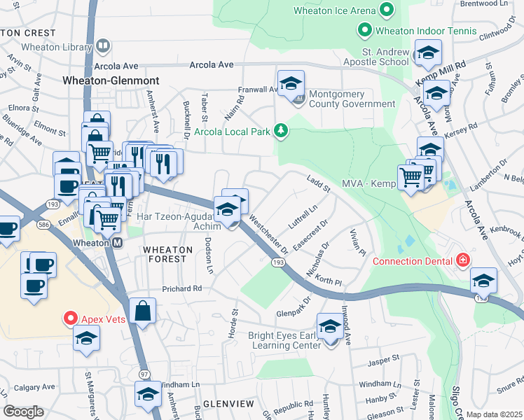 map of restaurants, bars, coffee shops, grocery stores, and more near 1906 Ladd Street in Silver Spring